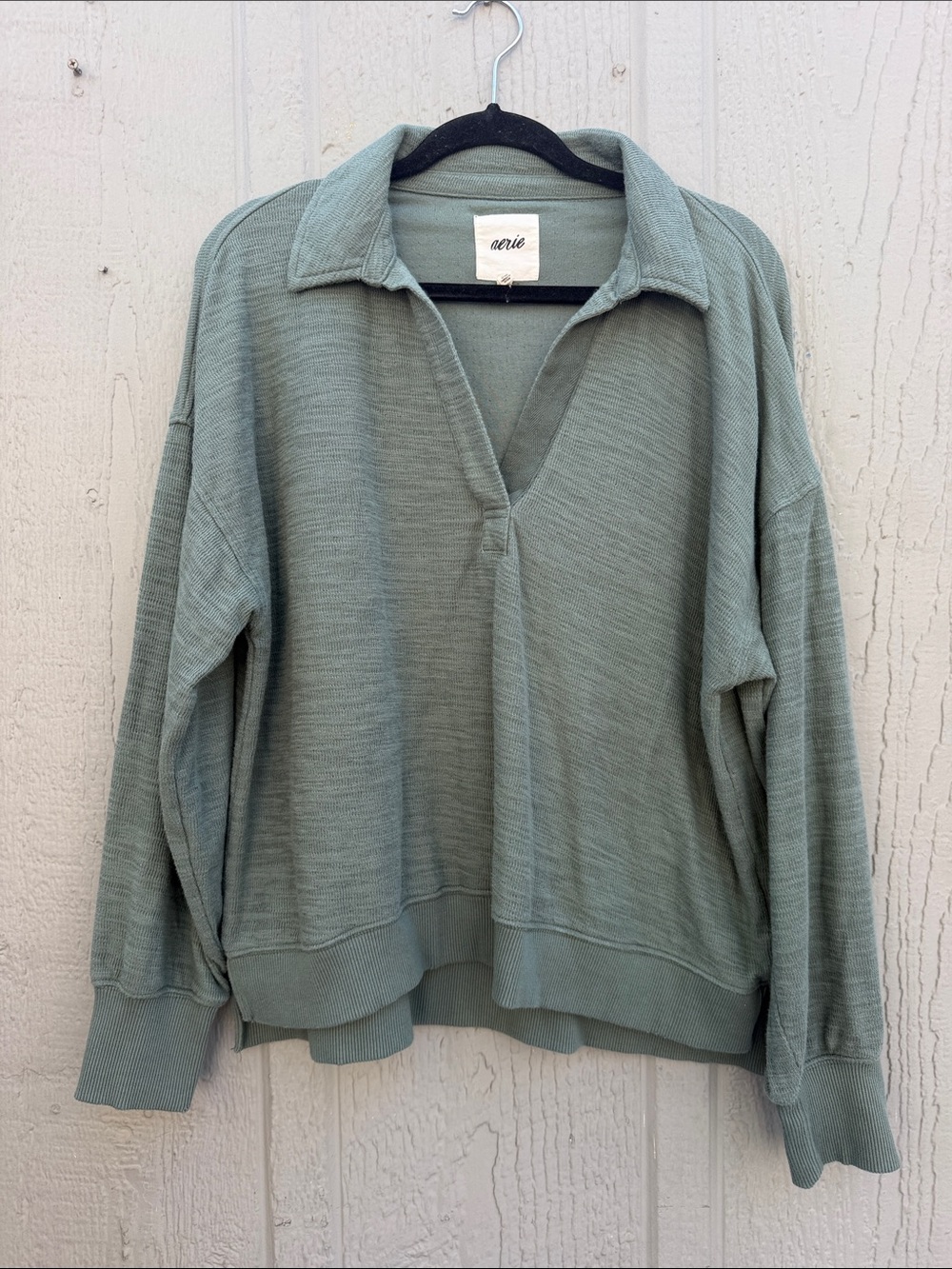 Aerie Relaxed Sage Green V‑Neck Collared Sweater Size: M